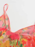 Women Sexy V Neck Tropical Floral Print Pleat Ruffles Sling Mini Dress Female Chic Backless Summer Mesh