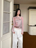 Designer Pink Long Sleeve T Shirt For Woman Fall 2025 Lace Print Funny Tees Cute Mesh Top Kawaii Clothes