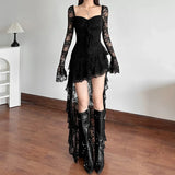 Fairycore Lace Flare Sleeve Square Neck A-line Dress Sweet E-girl Irregular Long Hem Dresses Cyber Y2K Party Vestido