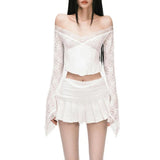 Pbong  2 Piece Outfit Set Women Coquette Clothes Lace Patchwork Off Shoulder Long Sleeve Tops and A Line Mini Skirt Streetwear