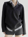 Patchwork Plaid Lapel Collar Fake Two Piece Sweats Preppy Style Simple Fashion  Trendy Pullovers Basic