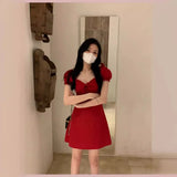 Pbong  White Enhancing Red Bubble Sleeve Square Collar Dress Women's Summer Design Sensation Dandelion Print A-Line Cotton Dress