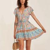 Pbong  Floral Boho Mini Dress Vintage Casual Summer Women Dress Flare Sleeve V-neck Button Front Ladies Chic Female Dress New