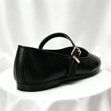 Pbong  Designer Brand Black Ballet Flats Women Fashion Metal Belt Buckle Mary Jane Shoes Elegant Light Shallow Casual Shoes