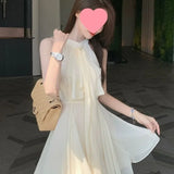Pbong  French Style Irregular Waist Cinched Sleeveless Chiffon Dress Women Summer New Sexy Neck Hanging Short Skirt Dress