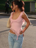 Casual Backless Ruffled Y2k Top Vest Patchwork Strapless High Street Top Fashion Cute Solid Scoop Neck Tank Top Pullover