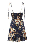 Pbong  Outdoor Parties Elegant Navy Floral Slip Dress for Women Square Collar Ruffled Hem A Line Skirt for Music Festivals