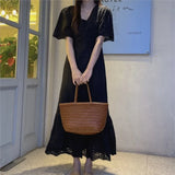 Flower Embroidery V-neck Straight Long Dress White Hollow Out Vacation Short Sleeve Dress Casual Female Clothing 2025 New