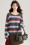 Korean Sweet Striped Sweater Women Sexy V Neck Vintage Knitted Jumper Casual Long Sleeve Female Lazy Wind Pullover Tops New