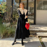 Large Turn Down Collar A-line Long Dress 2025 New Patchwork Belt Chic Black Spring Dress Loose Ruffle Fashion Summer Dresses