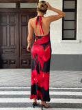 Women Neck-Mounted Maxi Dresses Summer New Streetwear Fashion Lace-up Dress Red Sexy Lady Print Backless Low Chest V-Neck Dress
