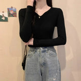 Pbong  French Style Slim Fit V Neck Knitwear Long Sleeve Womens Base Layer Black Sweater Autumn Winter Shirt