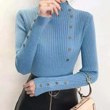 Ribbed Knit Top for Women Pullovers Button Decor Mock Neck Sweater Stretchy Long Sleeve Fitted Jumper Teen-girl Fall Winter