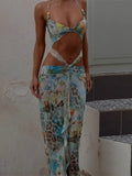 Fashion Hollow Out Print Maxi Dress Women Sleeveless Backless Bodycon Long Dresses New Beach Vocation Sexy Vestidos