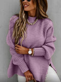 Chunky Knitted Mock Neck Sweater Side Slit Long Sleeve Pullover Female Knitwear Autumn Winter Women Casual Chic Outfit