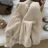 Pbong  Thickened Lamb Velvet Sweatshirt Jacket Zipper Collar Warm Casual Autumn Winter Korean Style Commute Versatile Women's Clothing