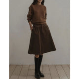 Pbong  Retro Corduroy Midi Skirt Women's Autumn Winter New High Waist A- Line Versatile Five-Quarter Umbrella Skirt Comfortable Casual