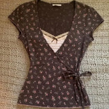 Pbong  Y2k Print Floral T Shirt For Women Spring Summer Vintage Ropa De Mujer Japanese Style V Neck Bandage Versatile Tees