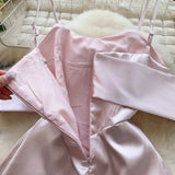 Elegant Sleeveless Vintage Butterfly Bow Sexy Off Shoulder Satin Slim A-line Straps Dresses Birthday Party High Street Clothing