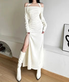 Autumn Evening Party Intellectual Elegant Dignified Mature Sexy Feminine Pure Color Simple Women'S  Long Neck Dress