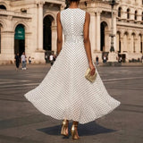 Elegant Polka Dot Long Dress Women Summer Fashion Sleeveless O-neck Maxi Dresses Casual