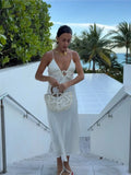 French Vacation Satin Long Dress Fashion Backless Sexy Slip Dress For Women New Light Beige Party Beach Summer Vestidos