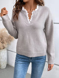 Women's Lace V-neck Long Sleeve Knitted Sweater Autumn Winter Warm Fashionable Knitwear for Ladies