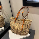 Bohemian Straw Tote Bag with Brown Faux Leather Straps Inner Pouch Spacious Woven Shoulder Purse for Vacation Casual Outings