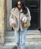 Women Fashion Cropped Faux Fur Jacket Coat Long Sleeve Front Snap-button Female Outerwear Chic Lapel Collar Thick Coat