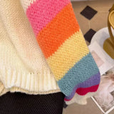 Rainbow Striped Knitted Cardigan for Women Teen-girl Cozy Soft Mohair Button Front Sweater Jacket Winter Autumn Y2K Outfit