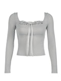 Japanese Kawaii Frills Tie Bow Square Collar Slim Long Sleeve Gray T Shirt Women Solid Basic Sweet Balletcore Knit Rib Top Tees