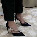 New Fashion Brand Crystal Embellished High Heels Shoes Women Pointed Toe Dress Rhinestone Wedding Party Pumps Black Suede Sandal