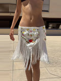 Floral Embroidery Fringe Wrap Mini Skirt Low Rise Self Tie Asymmetrical Hem Spring Summer Festival Women Boho Party Outfit