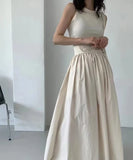 Korean Style round Neck Slim Fit Splice Pleated Maxi Dress Women's Sleeveless Dress Spring  Elegant Long Skirt