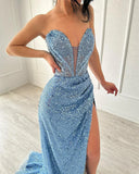 Pbong  Light Blue Vestidos Noche Heart Neck Mermaid Glitter Prom Dresses Elegant Floor-Length Side Formal Evening  Spar formal dress
