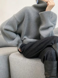 Lazy Wind Grey Turtleneck Sweaters Women Vintage Loose Knitted Pullovers Streetwear Retro Harajuku Long Sleeve Simple Tops