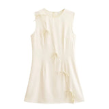 Chic Bow Lace Up Short Dress New Round Neck Slim Sleeveless Summer Dress For Women Beige Solid Color All-match Vestidos