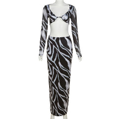 Women Skirts Sets Elegant Sexy Zebra Print Two Piece Sets Party Outfits Summer Long Sleeve T-shirts and Maxi Skirts Suits