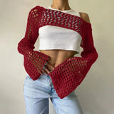 Pbong  New Harajuku Grunge Solid Slash Neck Women Crop Pullovers Y2k Aesthetic Knitted Sexy Sweaters Streetwear Hollow Out Autumn Tops