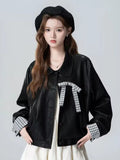Sweet Bow Pu Jacket Women Vintage Biker Loose Long Sleeve Coat Korean Casual Fall Winter Female Patchwork Retro Outwear New