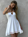 Halter Off-shoulder Backless Sexy Mini Dress Women White Hollow Out Strapless Lace-up A-line Club Dress Summer