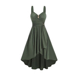 2025 Women's Plain Color Mock Button Empire Waist Ruched Bust Dress Asymmetrical Hem Overlap Self Belted Casual Dress