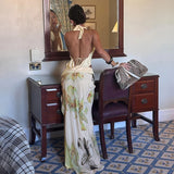Sexy Long Skirt Two Piece Women's Set Backless Halter Top Slim Printed Elegant High Waist Skirt Summer Vacation Dress Set