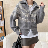 Fair Isle Zip Up Sweater Cardigan for Women Collared Zipper Front Knitted Jacket Autumn Winter Teen-girl Vintage Outfit
