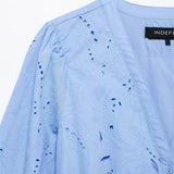 Lantern Sleeve O- Neck Blue Women Dress Cotton Blend Embroidery Hollow Out Summer Dress With Belt Elegant casual Female Clothing