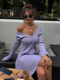 V-neck Long Sleeved Sexy Short Dress Knitted Autumn Winter Solid Color A-line Backless Pleated Women Dresses Fall Fashion
