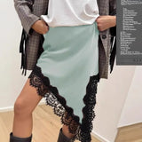 Pbong  New Autumn Solid Lace Patchwork Skirt Women Elegant Waist Cinched Mid-length Bottom Lady Party Daily Street Skirts