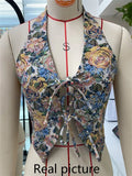Women Vintage Floral Tie Front Floral Print Halter Neck Tank Top Y2k Sleeveless Backless 00s Retro Aesthetic Top Streetwear