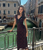 French Retro Floral Print Dress Sweet Chic Lace V-neck Slim Long Dress Short Sleeve Tight Women Dress Vacation Female Clothing
