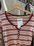 Red Striped Six Buttons Long Sleeve T-shirts Women Spring O-neck Cotton Slim Tee Shirt New Preppy Sytle Sweet Tshirt Y2k Tops